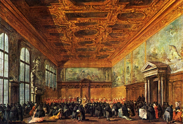 Francesco Guardi, "L'udienza accordata dal doge di Venezia nella sala del Collegio nel Palazzo Ducale", olio su tela, Musée du Louvre, Paris 1775-1780